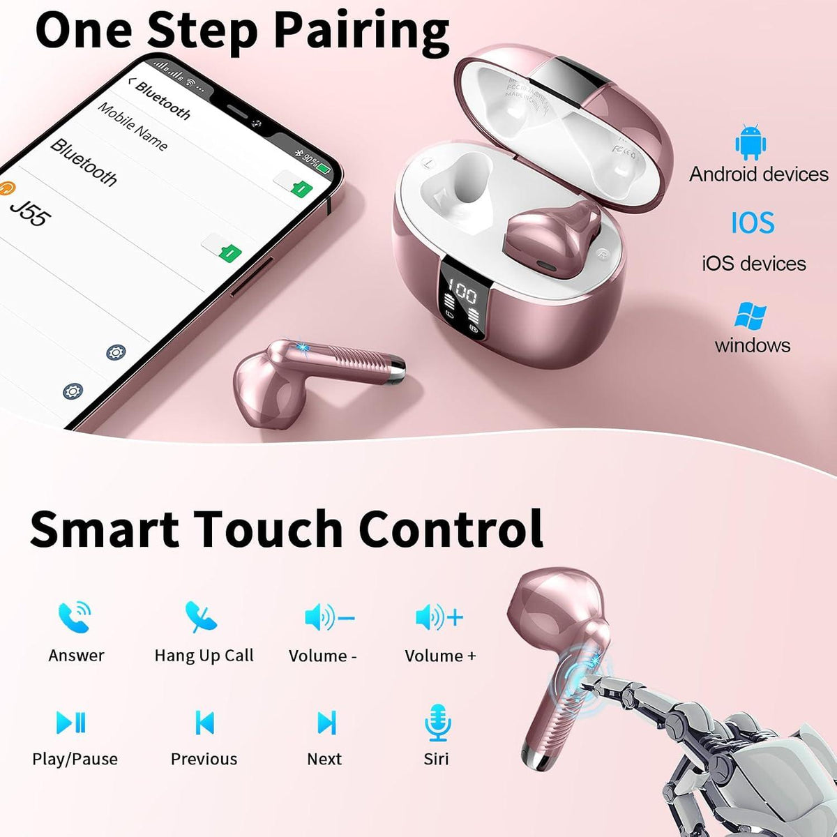 Soudorv Easy Control Rose Gold Wireless Earbuds
