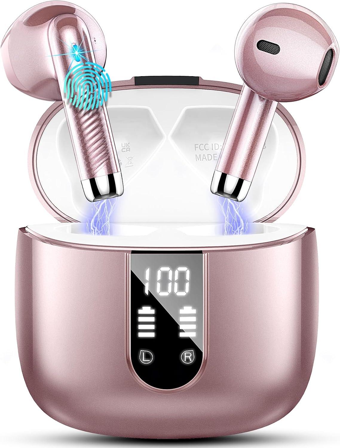 Wasart Bluetooth 5.3 Headphones, In-Ear Headphones Wireless with 4 Mics, LED Display, Bluetooth Earphones with ENC Noise Cancelling
